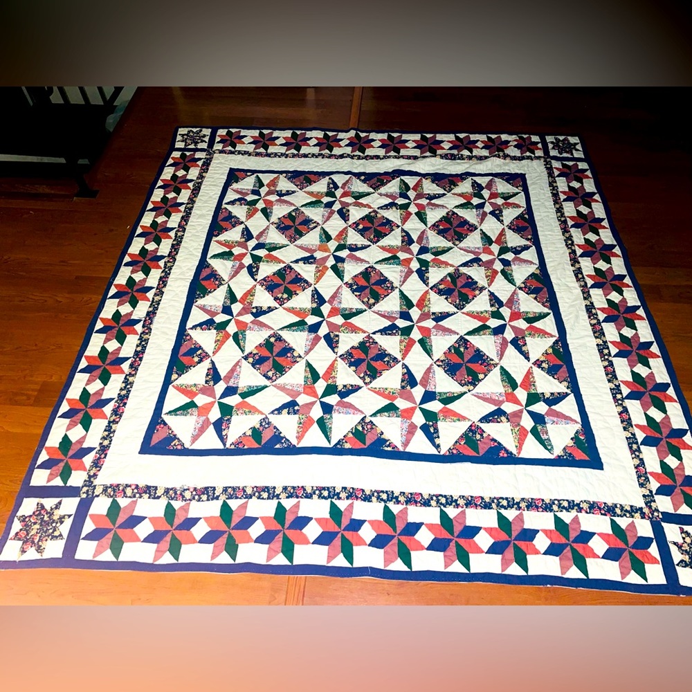 Hand Pieced/Sewn 8-point Star Quilt, Multi Colors, Very Nice!